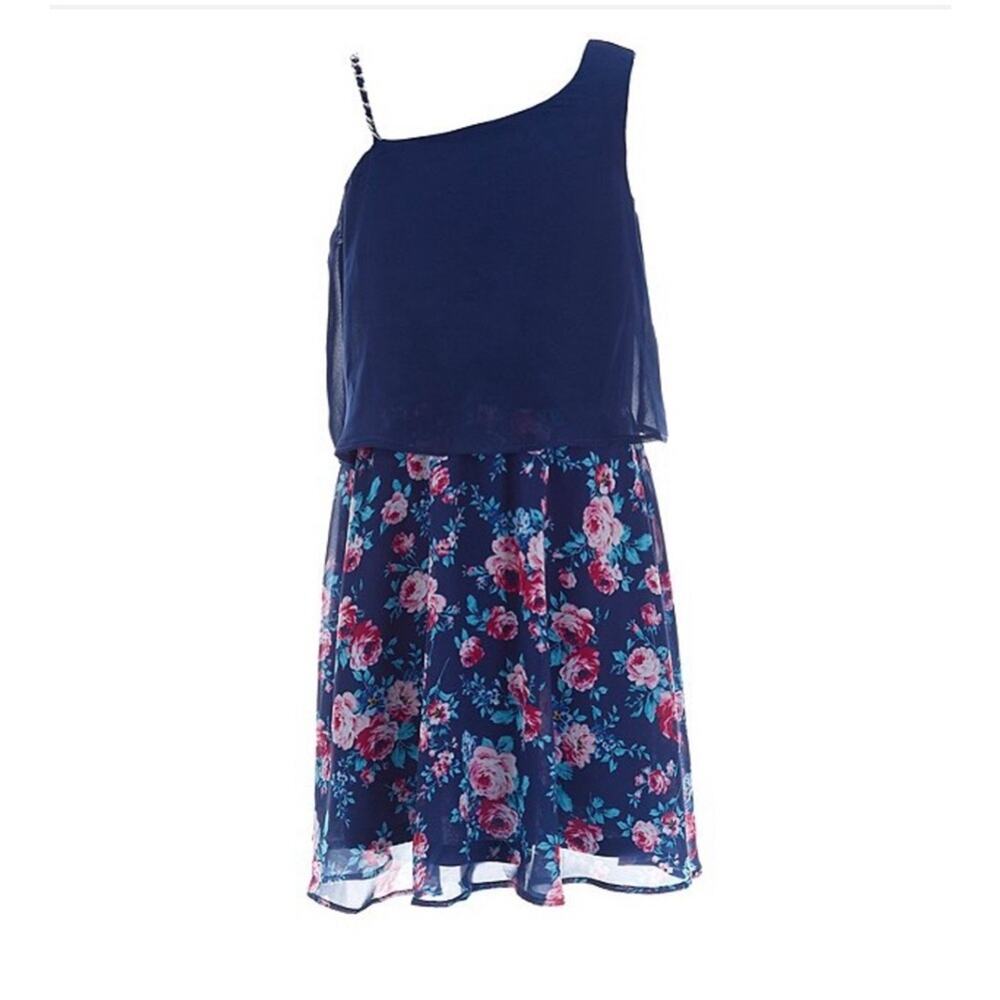 I.N. Girls Chain-Strap Solid/Floral Popover Dress Size 14